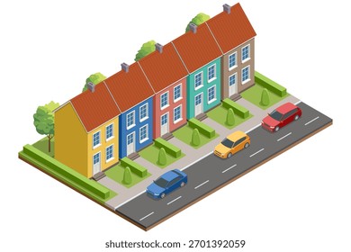Vista de rua isométrica com colorida moradias de fileira e carros estacionados. Moderno conceito de bairro urbano de imóveis residenciais e vida suburbana.