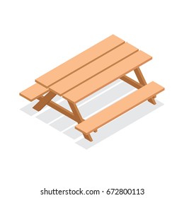 Isometric street wooden table with benches. 3d vector outdoor furniture icon