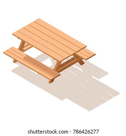 Isometric street wooden table with benches. 3d vector outdoor furniture icon. Realistic long shadow.