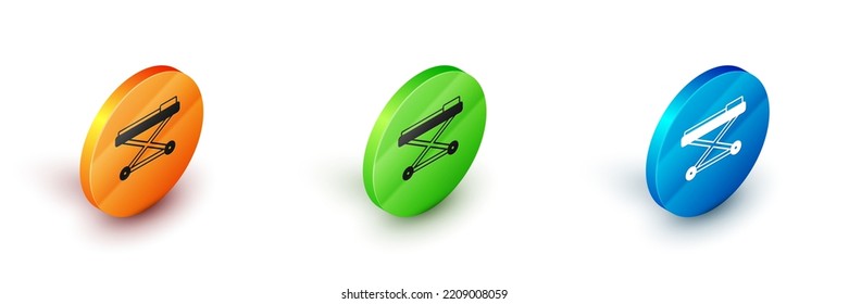 Isometric Stretcher icon isolated on white background. Patient hospital medical stretcher. Circle button. Vector