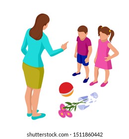 Isometric Strict Mother Scolds Her Children For A Broken Vase While Playing Football. Kids Plead Guilty. Misbehavior And Parenting.