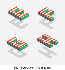 Isometric stripe alphabet. letters e f g h with bright red stripes and blue shadows. vector collection