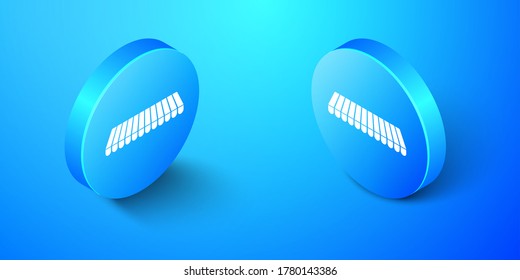 Isometric Striped awning icon isolated on blue background. Outdoor sunshade sign. Awning canopy for shops, cafes and street restaurants. Blue circle button. Vector