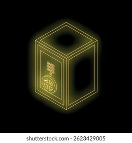 Isometric strongbox with combination lock glowing yellow on black background representing security and protection