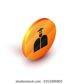 Isometric Student icon isolated on white background. Orange circle button. Vector Illustration