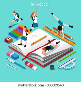 Isometric Student People Class Stationery School book. 3D Isometric Education Stationery Shop Book Homework 3D Vector People. School Book Student Person Class Poster 3D Vector Illustration