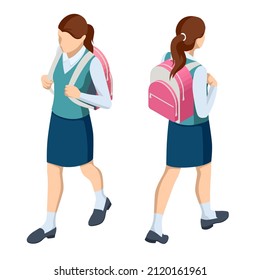 Isometric student in school uniform goes to school with a backpack Education. The beginning of a new school year. Teenage student, female high school student portrait