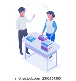 Estudiante y profesor isométrico. Proceso de estudio o discusión, 3d ilustración vectorial aislada