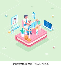 Isometric student in uniform on a book, registering for a bank account via smartphone online registration, entering identity and password. flat pastel color palette