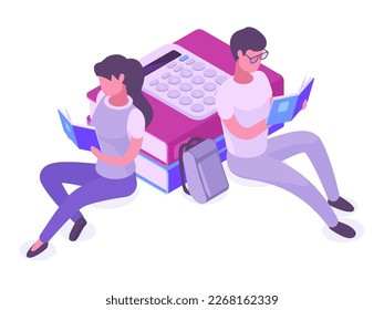 Isometric students reading books. Exam preparation, man and woman reading, college students studying in library isolated 3d vector illustration