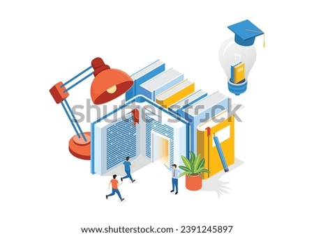 Isometric students running towards book entrance. Scene for education system, university admission, studying at college, academic learning.