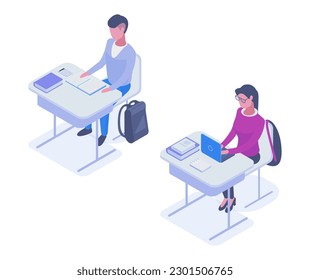 Isometric students. School study process, man and woman sitting at desks 3d vector illustration