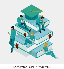 Isometric Students Are Sitting On A Stack Of Books And Looking At Smartphones. Distance Learning, Higher Education.