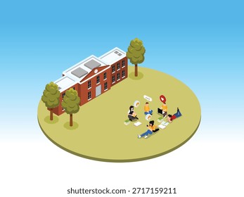 Isometric Students Studying on Campus Grass Outside School Building 3d vector illustration