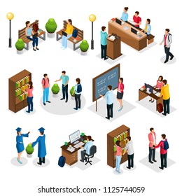 Isometric students in university set with graduates people learning reading taking examination visiting library lecture doing homework isolated vector illustration   