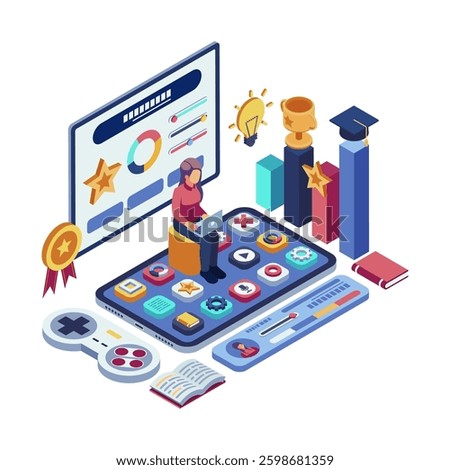 Isometric Students using Gamified Learning Platform with Progress Bars and Interactive Elements