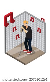 Isometric Studio Music Recording . Soundproof wall in sound studio Man singing into a condenser microphone suitable for graphic asset