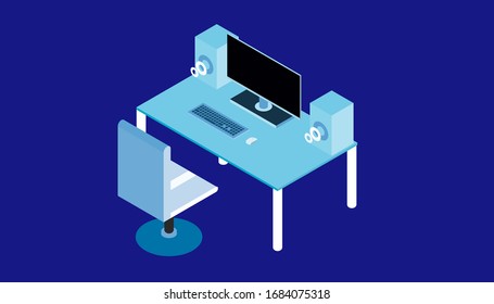Espacio de trabajo de estudio isométrico para la producción de medios. 
