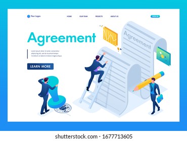 Estudio simétrico del texto del acuerdo por los empleados y firma del contrato. Landing page Concepts and web design.