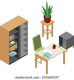 Isometric studying research workplace. Office work furniture