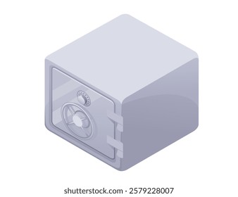 Isometric sturdy metal safe with a combination dial lock. Rectangular shape. Gray surface with shading. Secure storage unit with reinforced corners. Vector illustration isolated on white background