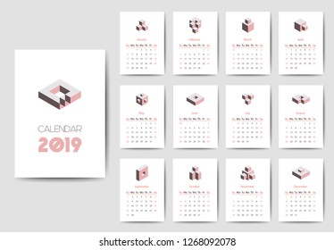 Isometric style 2019 year calendar, minimalistic design