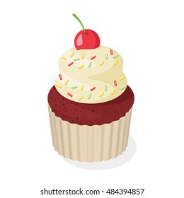 Isometric style 3d vector illustration of cupcake with cherry. Isolated on white background.