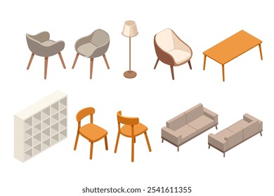 Variedade de estilo isométrico de itens de móveis modernos cadeiras, sofás e mesas, perfeito para o design de interiores e decoração de casa visuais. Ideal para móveis de estilo de vida. Ilustração vetorial.