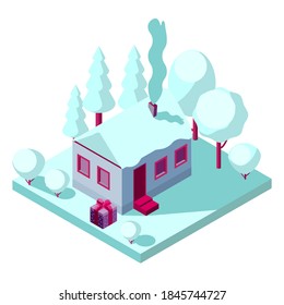 Isometric style christmas concept.Flat Isometric snow house and snow garden.Christmas building with holiday gift  box decoration for web design.