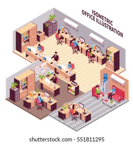 Isometric Style Composition With Three Office Rooms Environment Workplaces With Furniture Machinery Clients And Employees Images Vector Illustration