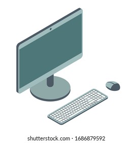 Isometric style computer. Monitor, keyboard and wireless mouse. Vector isolated illustration.