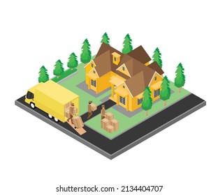Isometric style delivery order illustration with truck and map