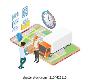 Isometric style delivery order illustration with truck and smartphone