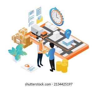 Isometric style delivery order illustration with truck and smartphone