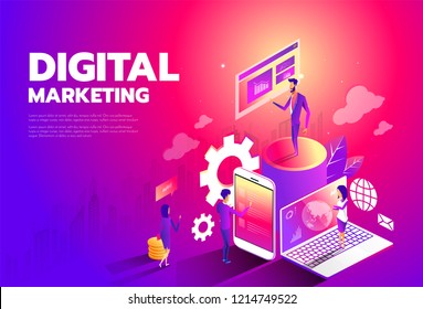 Isometric Style Design - Content Marketing Strategy, Digital Marketing, Content Sharing Flat Vector Banner.