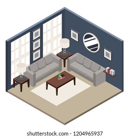 The isometric style design of a well furnished living room.