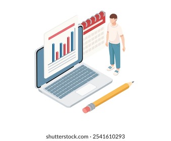 Isometric style digital workspace with a laptop, calendar, and a person with a pencil. Planning, data analysis, and productivity. Suitable for business and educational themes. Vector illustration.