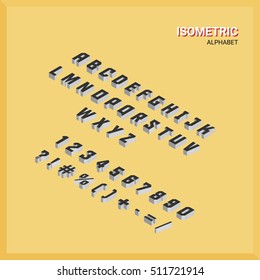Isometric style font alphabet on yellow background. Isometric abc. 3d Letters, numbers and symbols. Flat vector illustration.