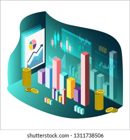 Isometric style growth chart, japanese candles. Checklist, bitcoin. Stock Vector Illustration. Transparence. White Isolated.