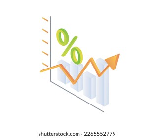 Isometric style icon of up arrow and percent isolated on white background