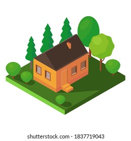 Isometric style icon. House icon isolated on white background. Vector illustration for web design. 3D house design with shadow and trees. Flat exterior of a building with a  view garden.