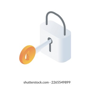 Isometric style icon of lock and key isolated on white background