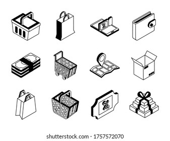 diseño de conjunto de iconos de estilo isométrico de compras en línea de ecommerce al por menor y compra tema Ilustración vectorial