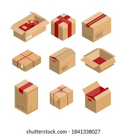 Isometric style icon. Set of gift box isolated on white background. Vector illustration of packing box, cardboard boxes, carton packaging, cardboard box for delivery.