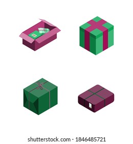Isometric style icon. Conjunto de cajas de regalo aisladas en fondo blanco. Ilustración vectorial de cajas de embalaje, embalaje de vacaciones, cajas de cartón para la entrega.