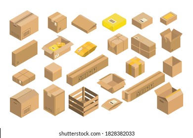 Isometric style icon. Set of parcels isolated on white background. Vector illustration of packing box, cardboard boxes, carton packaging, cardboard box for delivery.