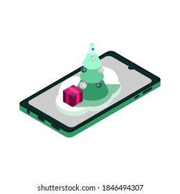 Isometric style icon. Isometric smartphone with Christmas tree and gift box isolated on white background. Christmas concept for web design. Electronic device for communication.