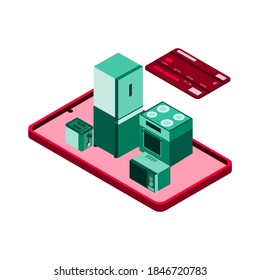 Isometric style icon. Isometric smartphone with kitchen appliances  isolated on white background. Concept online shopping  for web design. Internet store in smartphone. 