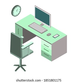 Isometric style icon.Flat Isometric workplace with table,chair,clock,computer,smartphone isolated on white background.Element of home office for web design, mobile app, infographic. 