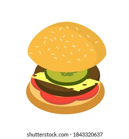 Isometric style icons. Burger flat icon isolated on white background. Concept unhealthy food.Vector illustration for infographics, for web design.